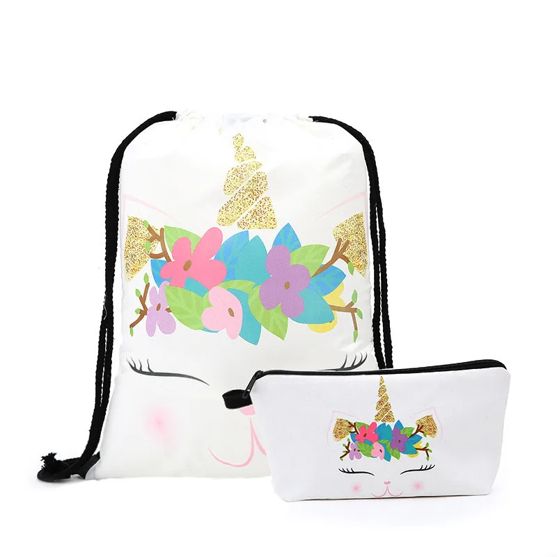 

1Set / 2 Pcs Fashion Drawstring Bag 3D Printing Unicorn Drawstring Backpack Cosmetic Bag Travel Bag Women Daily Casual Bag