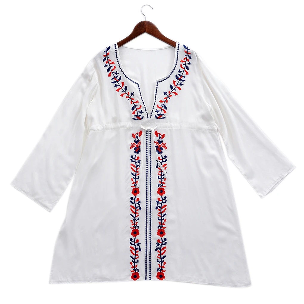 

FangNymph Woman Embroider Cover-ups V-Neck Robe Plage Dress Blouse Sunscreen Bikini Smock Beach Girl Long Sleeves Vacation