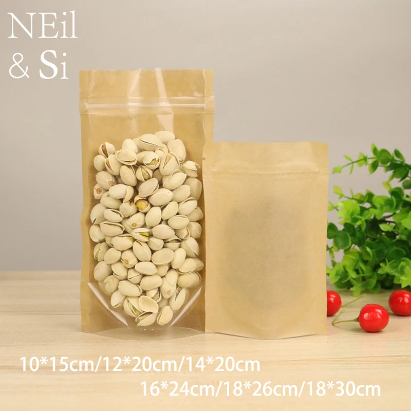 

100pcs/lot Ziplock Kraft Paper Gift Bag Dried Food Fruit Tea packing Zipper Self Sealing Stand up Bags Free Shipping
