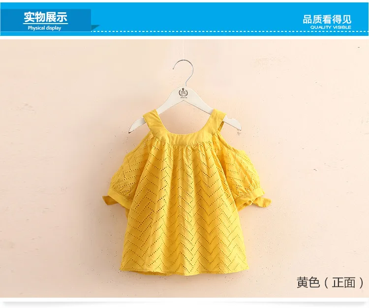 2018 Summer 2-10 Years Children Cotton Solid Color Off Shoulder Strapless Hollow Out Wave Little Sexy Kids Girl Dress Blouse (2)