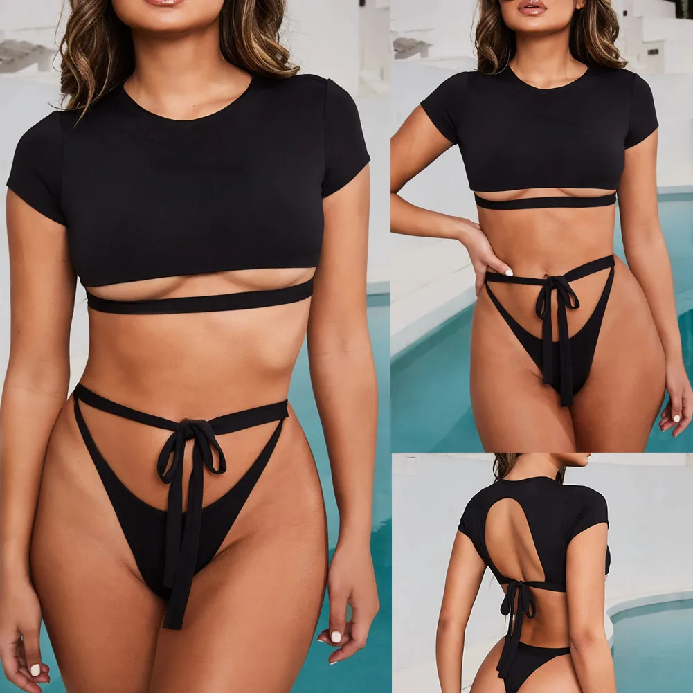

Women Split Swimsuits Solid Color Round Collar Bikini with Strappy Briefs ED-shipping