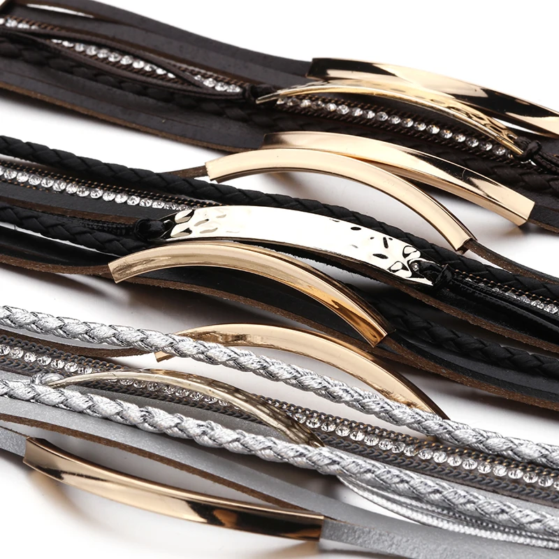 Multilayer Leather Bracelet Metal Bar Charm Men Leather Braided Bracelet