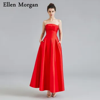 

Simple Tea Length Red Satin Short Prom Dresses 2019 Sexy Strapless Pockets for African Black Girls Custom Made Vestido De Festa