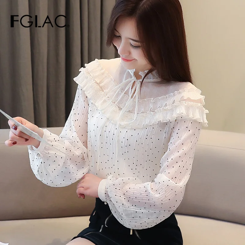 FGLAC для женщин кружево Топы корректирующие модные повседневное выдалбливают элегантная Шифоновая Блузка ПР блузка, рубашка с оборками blusas
