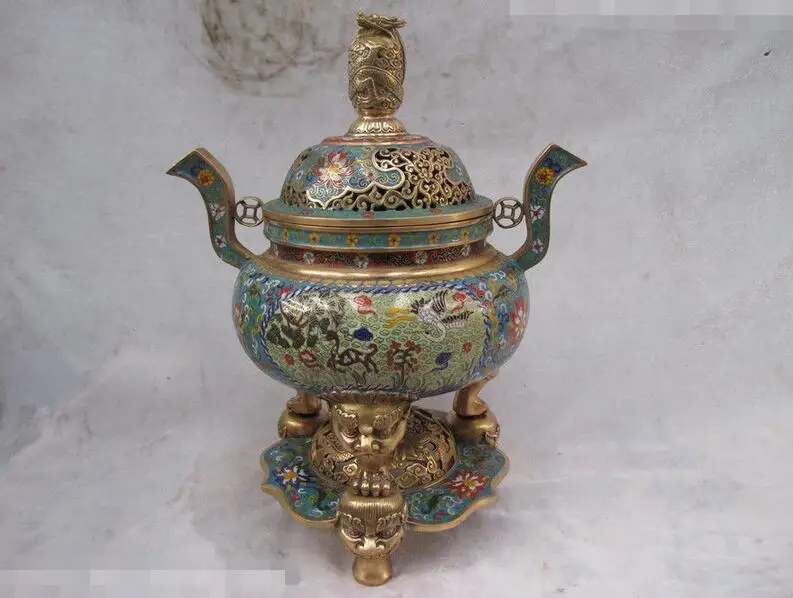

China Royal 100% Pure Bronze Gild cloisonne Dragon Crane deer Two layers Censer