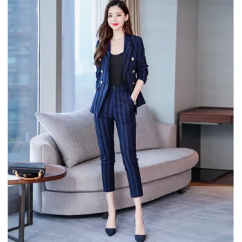 

Women's suits new hot women's striped double-breasted slim suit two-piece suit (jacket + pants) women's fashion casual suit