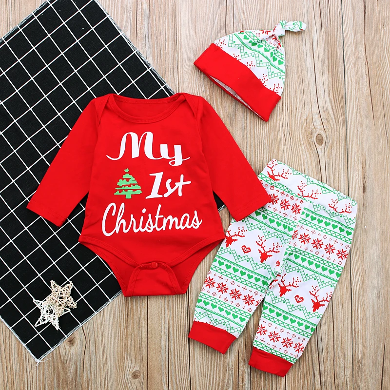 Комплект одежды из 3 предметов с надписью «My First Christmas» для новорожденных девочек и мальчиков, комбинезон с длинными рукавами+ штаны+ шапочка, комплекты одежды из хлопка для малышей 4-24 месяцев
