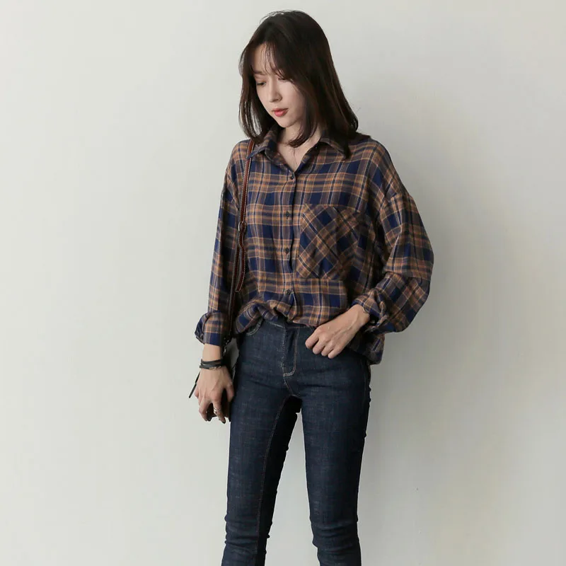 

2017 women's autumn long sleeve single breasted turn down collar dark color plaid pocket blouse female casual shirt loose tops