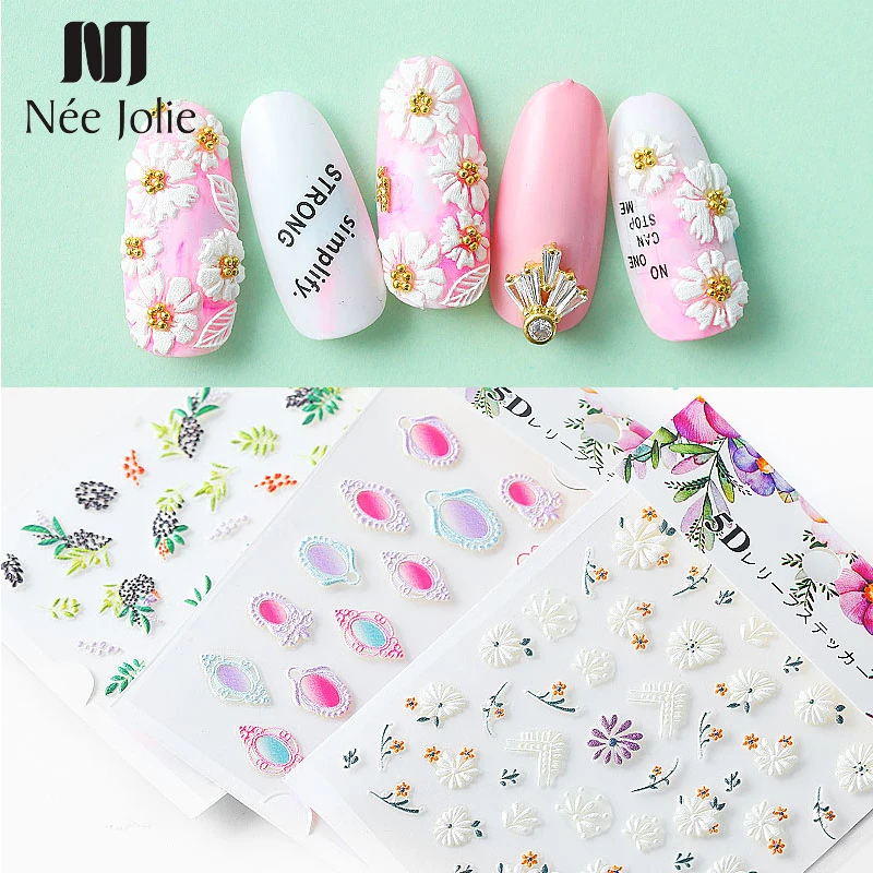 

1 Sheet 5D Nail Stickers Mixed Pattern Embossed Flowers Self-adhesive Transfer Decals Colorful Nail Art Decorations for Nails