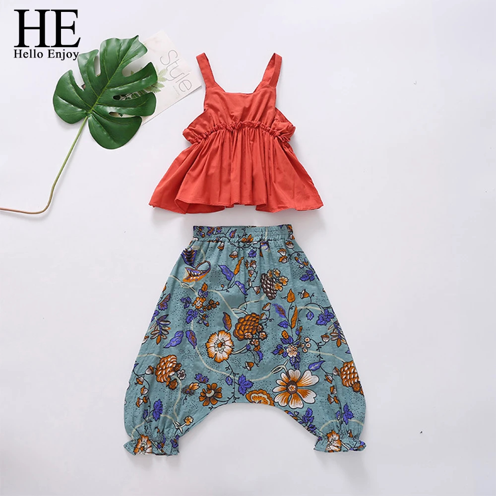 

HE Hello Enjoy Toddler Girls Princess Outfits Solid Vest+Floral Harem Pants Wide Leg Pants Set Summer Clothes 2019 Fashion Cute
