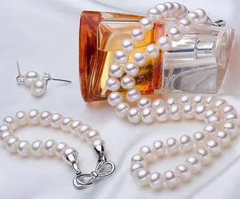

Classic Pearl Jewelry Set Genuine Pearl Necklace/Bracelet/Earrings Set With Bowknot 925 Silver Clasp Women's Best Gifts