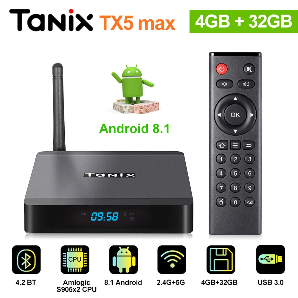 

Tanix TX5 MAX Android 8.1 TV Box Smart 4GB 32GB Amlogic S905X2 2.4G 5GHz Dual Wifi BT4.2 1000M H.265 4K Media Player set top box