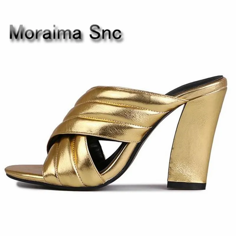 gold mules block heel