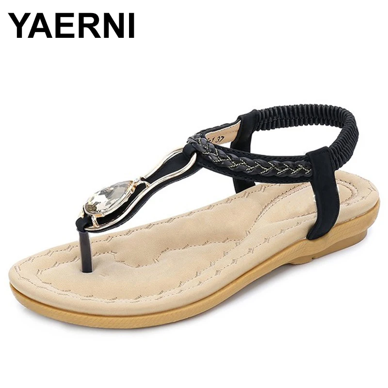 

YAERNI Summer 2018 Women Flat Gladiator Sandals Shoes Woman Bohemia Flip Flop Crystal Casual Black Beach Sandals 35-41