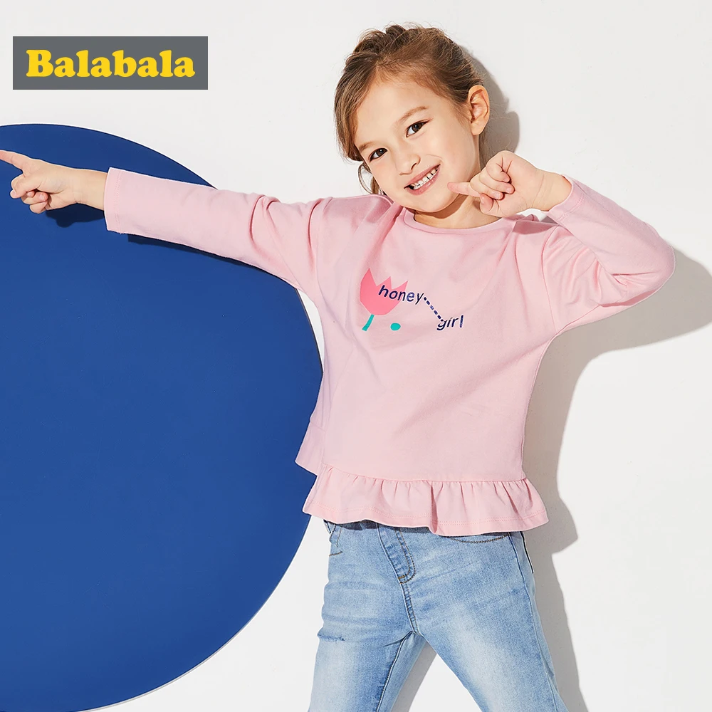 

Balabala Toddler Girl 100% Cotton Printed Shirt with Ruffle Trim Children Kids Girl Long-sleeved Shirt with Dropped Shoulder