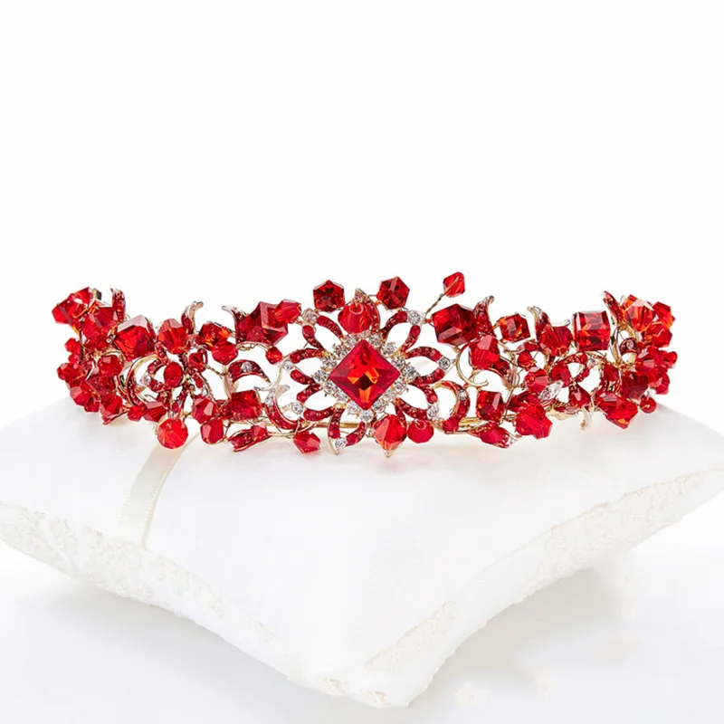  Handmade Elegance Crystal Hair Crown Tiara Blue/Red Princess Rhinestone Hair Ornaments Hairband Pro