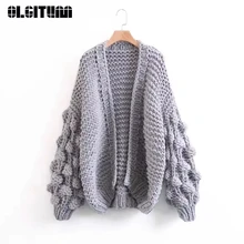 Осенний/Зимний женский модный теплый свитер, вязаный кардиган ручной работы с рукавами-фонариками, стильная короткая женская верхняя одежда