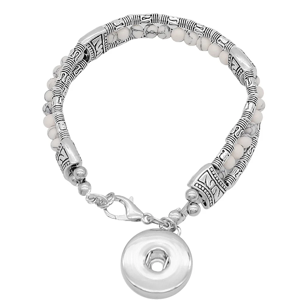 

New Beads Snap Bracelet three Layer white Natural Stone Beaded Bracelet Fit 18mm 20mm Snap Buttons Jewelry for Women Men