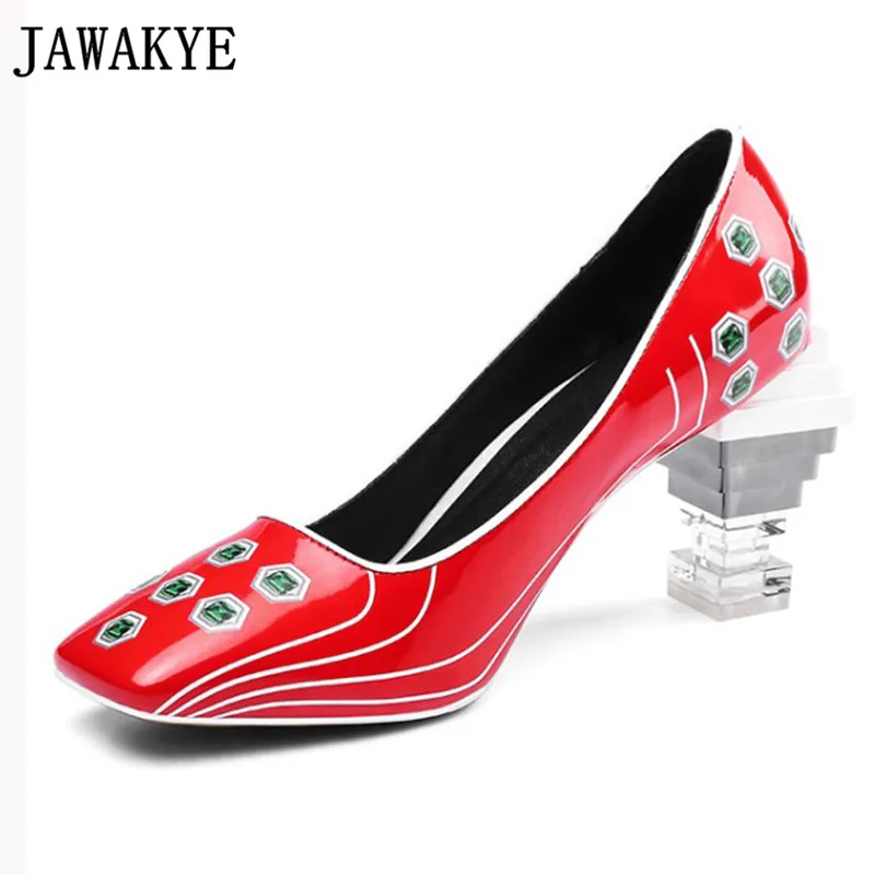 

Women Party Pumps Patent leather square toe Building Blocks clear transparent high Heels bridal Wedding Shoes zapatos mujer