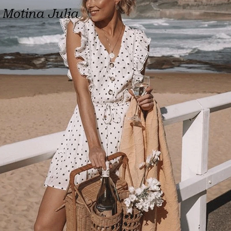 Motina Julia сексуальное летнее платье 2019 в горошек женское на пуговицах с бантом
