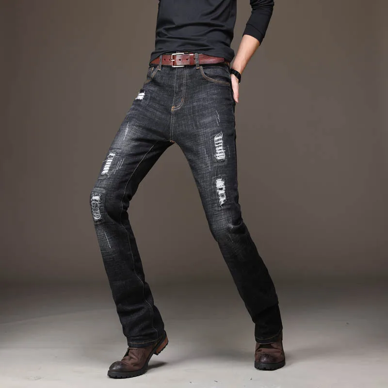 Mens Ripped Flare Jeans Boot Cut Deep Blue Black Male Jeans Classic Stretch Pants Men Denim Flared Trouser Bootcut Feet