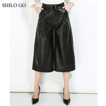

SHILO GO Leather Pants Womens Autumn Fashion sheepskin genuine Leather wide leg Pants sexy vintage series with high waist Pants