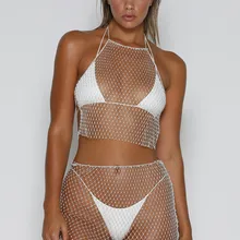 Женское Сетчатое пляжное бикини с бриллиантами, набор прозрачных пляжных платьев, ажурный вязаный сетчатый купальник, Купальные платья