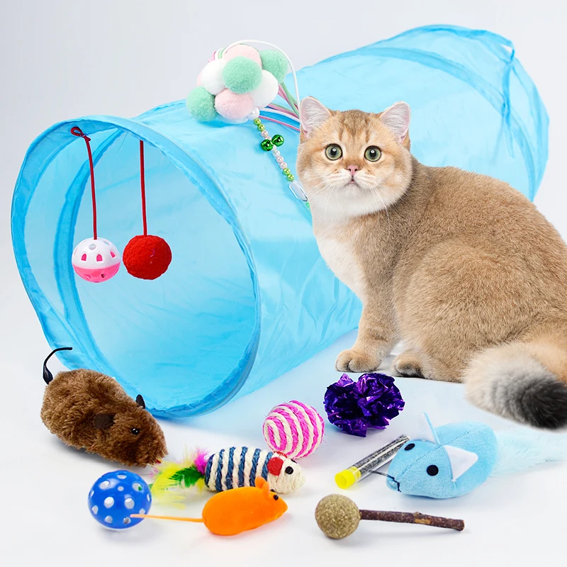 

9PCS/10PCS Cat Toys Pet Kit Collapsible Tunnel Cat Stick Feather Catnip Mice Shape Pet Kitten Dog Cat Interactive Play Supplies