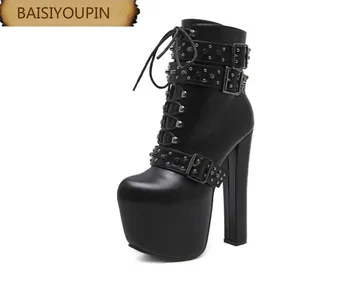 

Free Shipping 2018 New Fashion Punk Style and Super Heel Walk Books Special Button Button Womens Boots 34-40