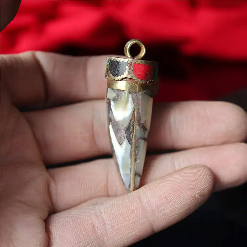 Collier Long Pendentif Corne Tibétaine - Incrustations De Nacre (shell Perla) - Style Bohème