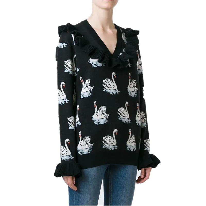 

Luxury Brand Runway Sweater for Women Fashion Winter Wool Cashmere Blends Thick Warm Swan Design Ruched Pullover Black