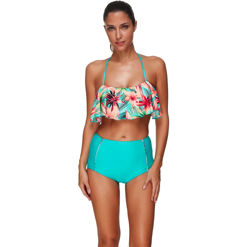 

Biquini Cintura Alta Large Size Swimwear Two Pieces Leaf Print Bikini 2018 May Beach Indoor High Waist Swimsuit
