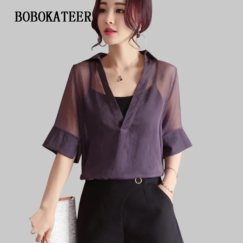 

BOBOKATEER casual chemise femme blouse womens tops and blouses white blusas mujer de moda 2019 plus size shirt loose summer top