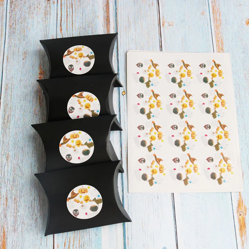 Cute black Gift Box Hot Sell Paper Pillow Stock Packing Paper Box Halloween Pattern Gift Box with sticker Party decorations
