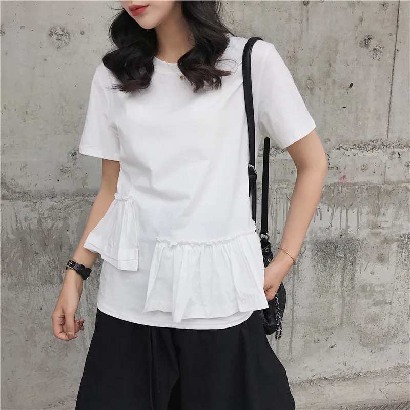 

2019 Spring and Summer Cotton Causal T-shirts Short Ruffles Solid O-Neck T-shirts Irregular Elegant Women T-shirts
