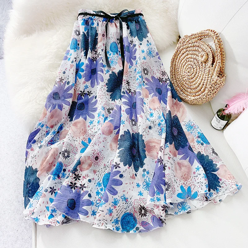 

Wasteheart Summer Purple Women Skirt Casual High Waist A-Line Sashes Ankle-Length Long Skirt Chiffon Clothing All-match Ruffles