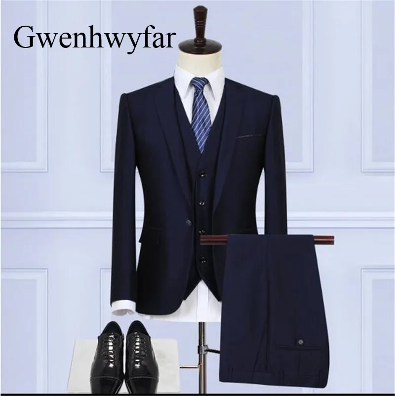 

Gwenhwyfar 2018 Famous Navy Mens Suits Wedding Groom Plus Size XXS-XL 3 Pieces(Jacket+Vest+Pant) Slim Fit Casual Tuxedo For Male