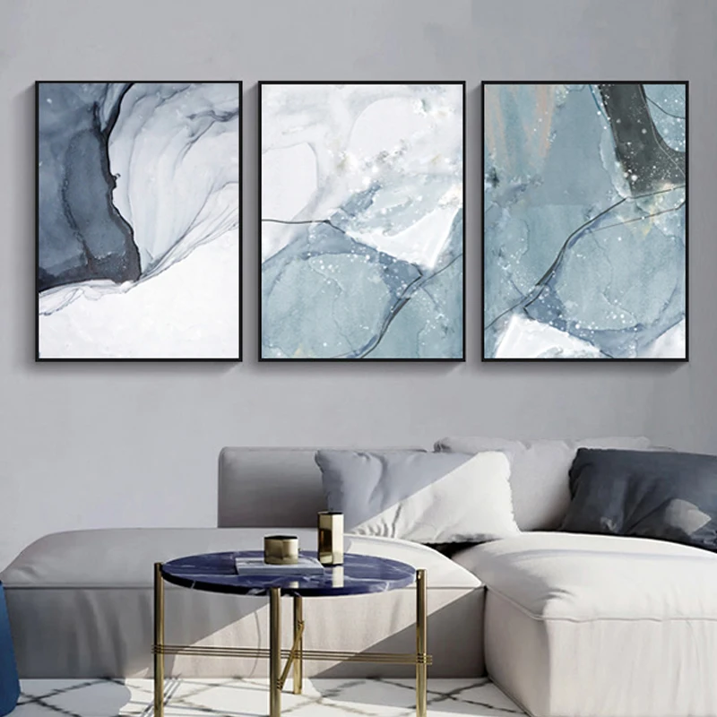 

Abstract Marble Canvas Print Paintings Light Blue Poster Nordic POP Wall Art Pictures on Canvas Living Room Office Home Decor