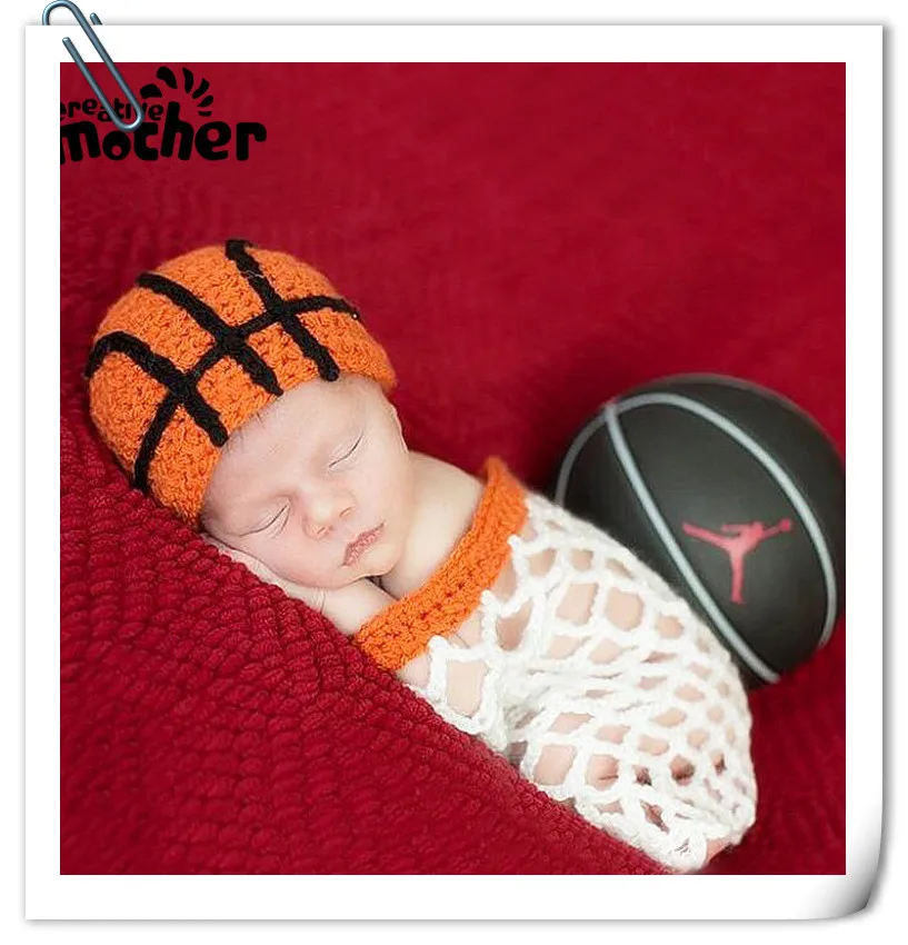Newborn Photography Props Cute Basketball Shape Photography Clothing Wool Crochet Baby Hat Set Shoot Baby Photo Prop Accessories