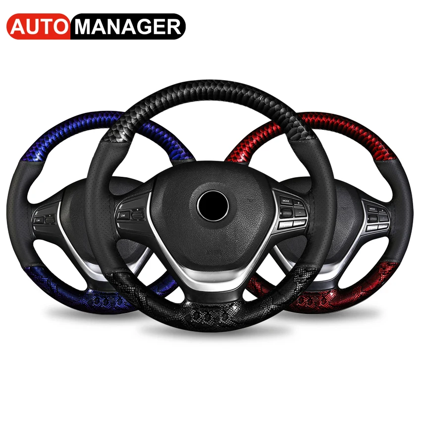 

Snake Pattern Steering Wheel Cover Leather Braid Car Steering Covers for Automobile 38 cm 15 Inch Universal Steering-Wheel