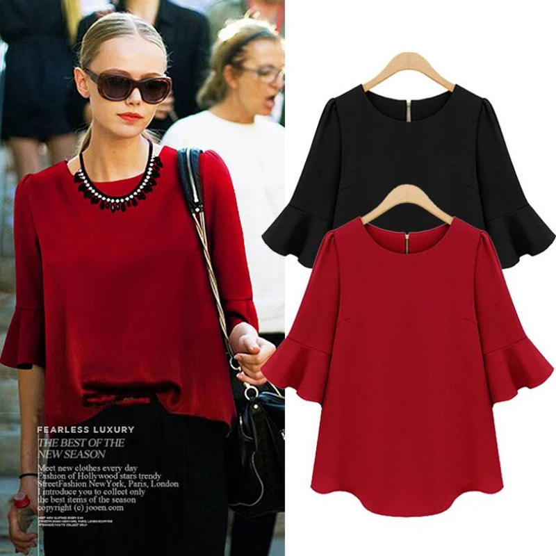 Noir rouge grande taille en mousseline de soie blouse 2019 été flare manches décontracté lâche chemise M L XL XXL XXXL 4XL 5XL grande taille femmes vêtements