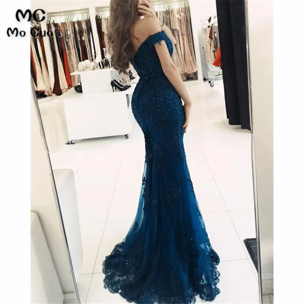 Charming Lace Pearl Beaded Mermaid Off The Shoulder Prom Dresses (2)