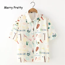 Merry Pretty Women Cartoon Print White Blouses 2019 Summer Short Sleeve Turndown Collar Shirts Womens Tops And Blouses turndown collar tartan print shirt
