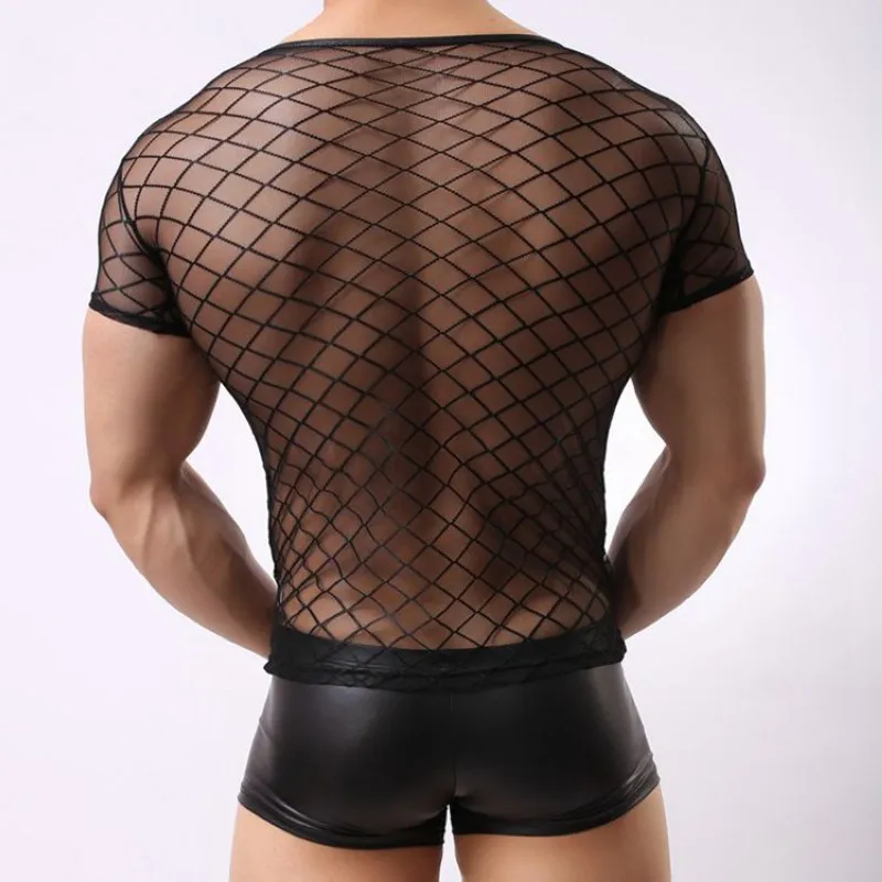 Сексуальный мужской Ромбический сетчатый с короткими рукавами прозрачный Тонкий Повседневный решетчатый ночной клуб эротическая одежда K42
