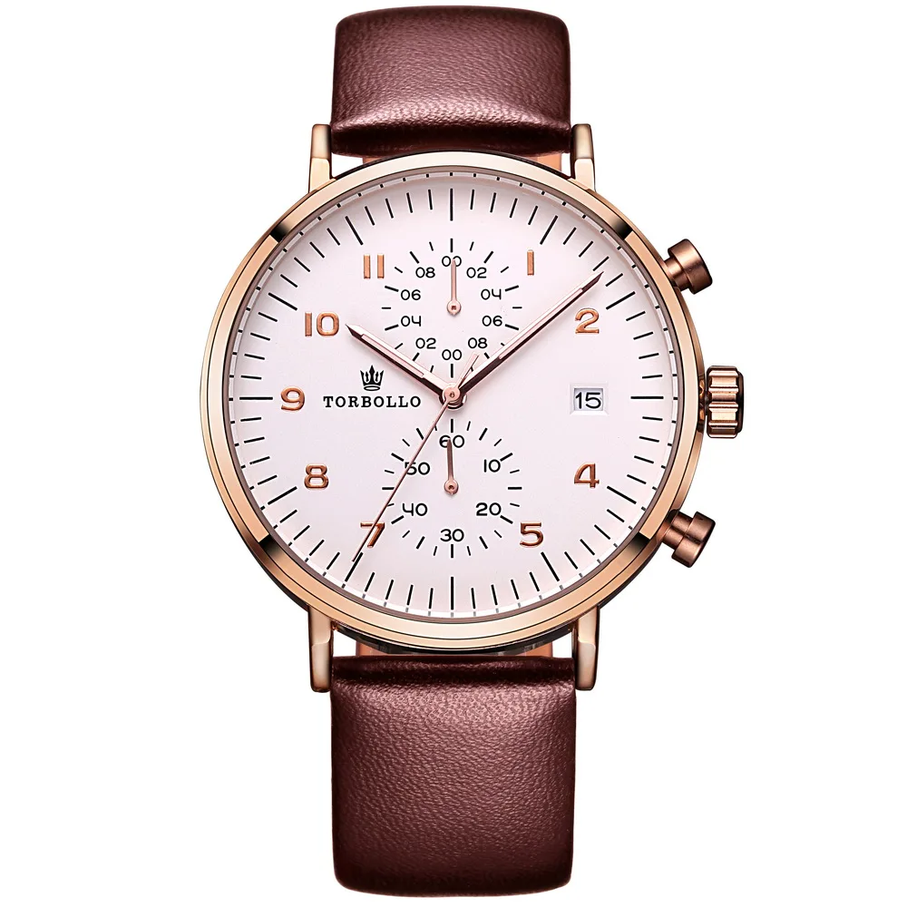 

2017 New Luxury Leather Straps Mens Wrist Watch White Quartz Clock Men Chronograph Multifunction Water Resistant Original Box