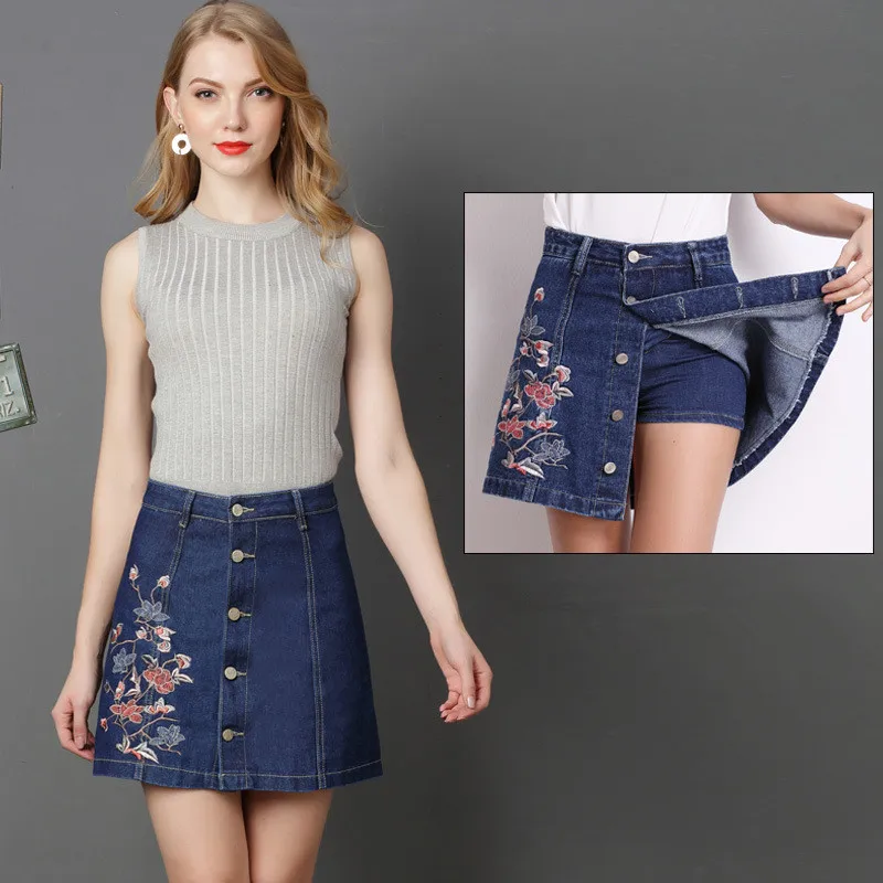 Embroidered jeans skirt women denim safety skirts high waist single
