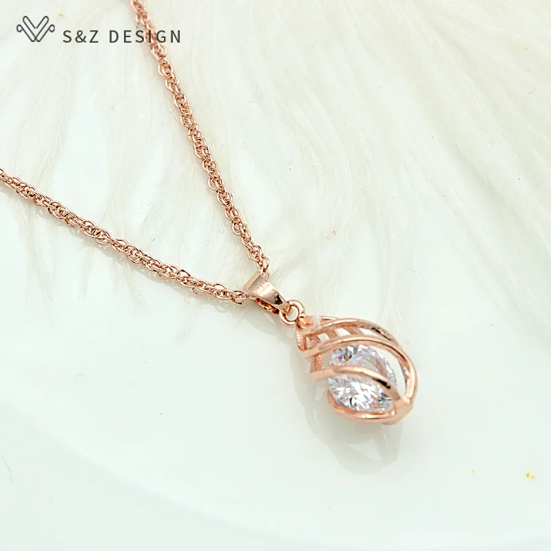 S&Z Spiral Hollow Water Drop Dangle Drop Zircon Earrings 585 Rose Gold Color Jewelry Set For Women Gift Anti-allergy Eardrop