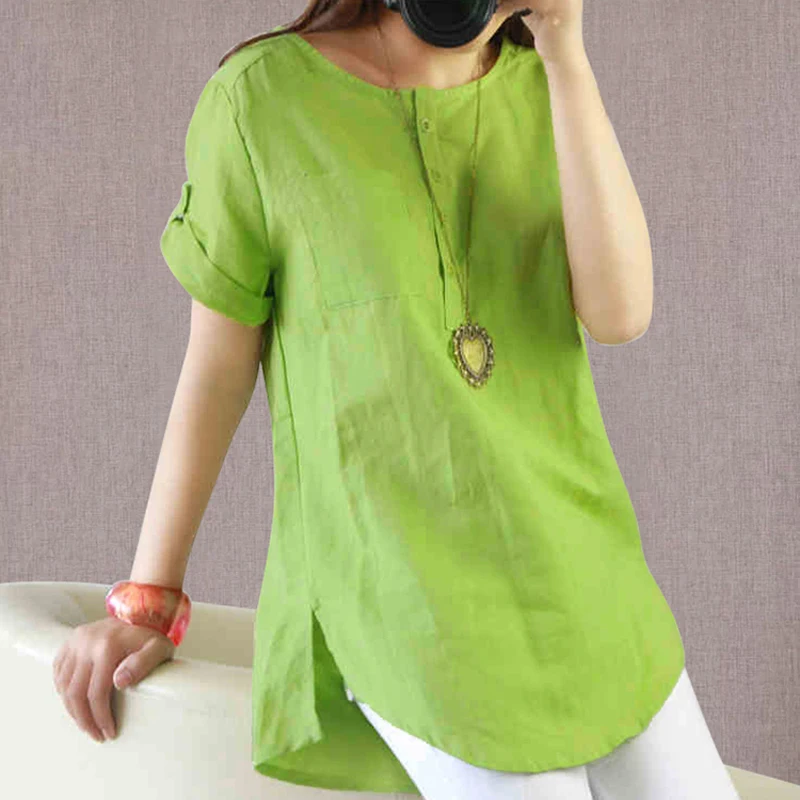Women O Neck Short Sleeve Plus Size Cotton Linen Blouse Tops Elegant Casual Solid Buttons Loose Work Shirt Blusas Blouses