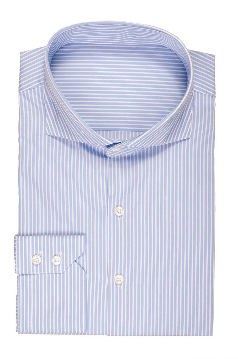 

Top quality 100% cotton blue striped with wide cutaway collar and two button angle cuff wash-and-wear slim fit striped shirt men