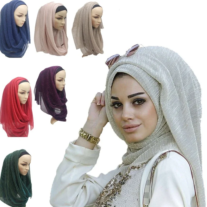 

Luxury Glitter Shimmer Pleated Scarf Crinkle Muslim Hijab Shawl Women Plain Wrinkled Elastic Long Maxi Headscarf Shawls Snood
